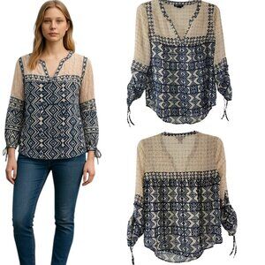 Lucky Brand Live in Love Boho V-Neck Ruched Sleeve Pullover Top – Size Small